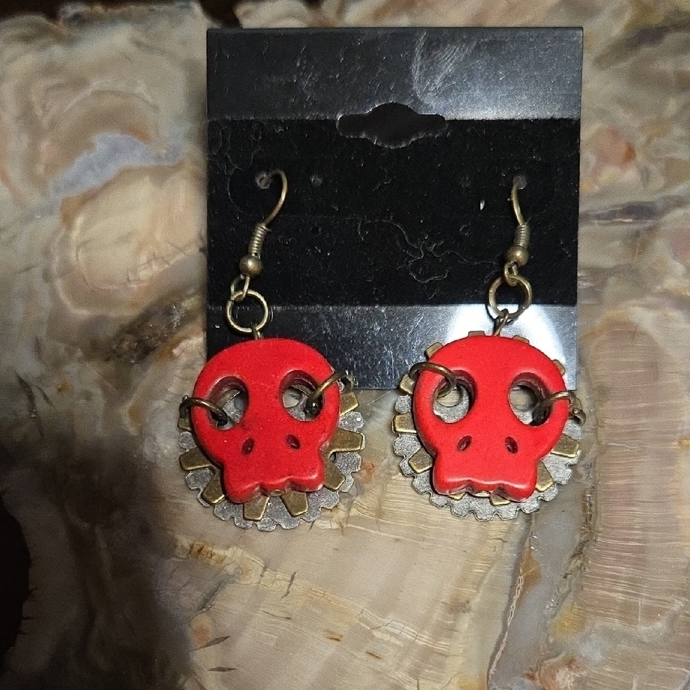 Red Skull Earrings with Gear Detail
